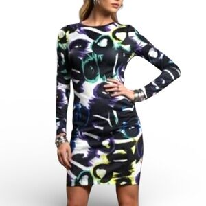 Bebe Colourful Long Sleeve Graffiti Print Abstract Bodycon Dress